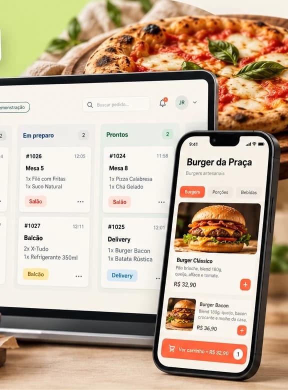 Ilustração do painel de pedidos da Comandelo e do cardápio de uma hamburgueria no celular, com hambúrguer e pizza